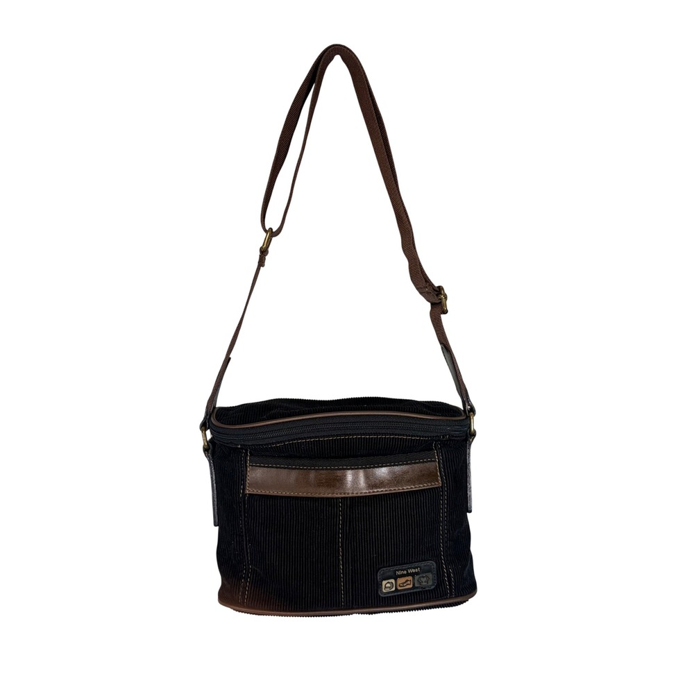 Vintage Nine West Corduroy Crossbody Y2K Bag Brown Faux Leather Trim Messenger‎
